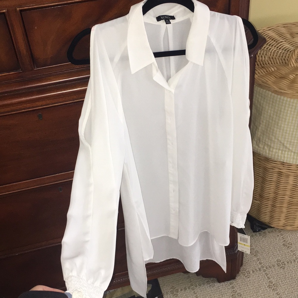 Long sleeve sheer open shoulder button high low